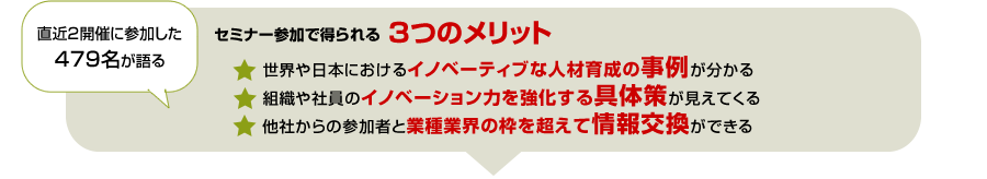 直近2開催に参加した479名が語る
本セミナー参加で得られる3つのメリット
世界や日本におけるイノベーティブな人材育成の事例が分かる
組織や社員のイノベーション力を強化する具体策が見えてくる
他社からの参加者と業種業界の枠を超えて情報交換ができる