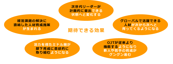 ・OJTが従来より機能するようになり新人や若手の育成がグングン進む
・活力を得たミドル層が部下育成に意欲的に取り組むようになる
・次世代リーダーが計画的に輩出できる状態へと変化する
・グローバルで活躍できる人材が次から次へと育ってくるようになる
・経営課題の解決に直結した人材育成施策が生まれる